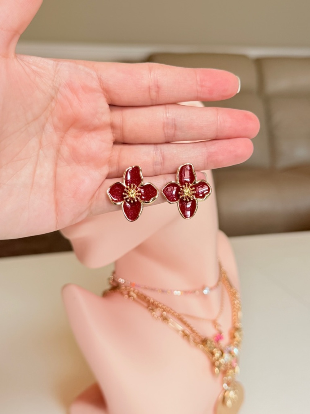 Gold and Burgundy Flower Stud Earrings - Picture 11 of 13